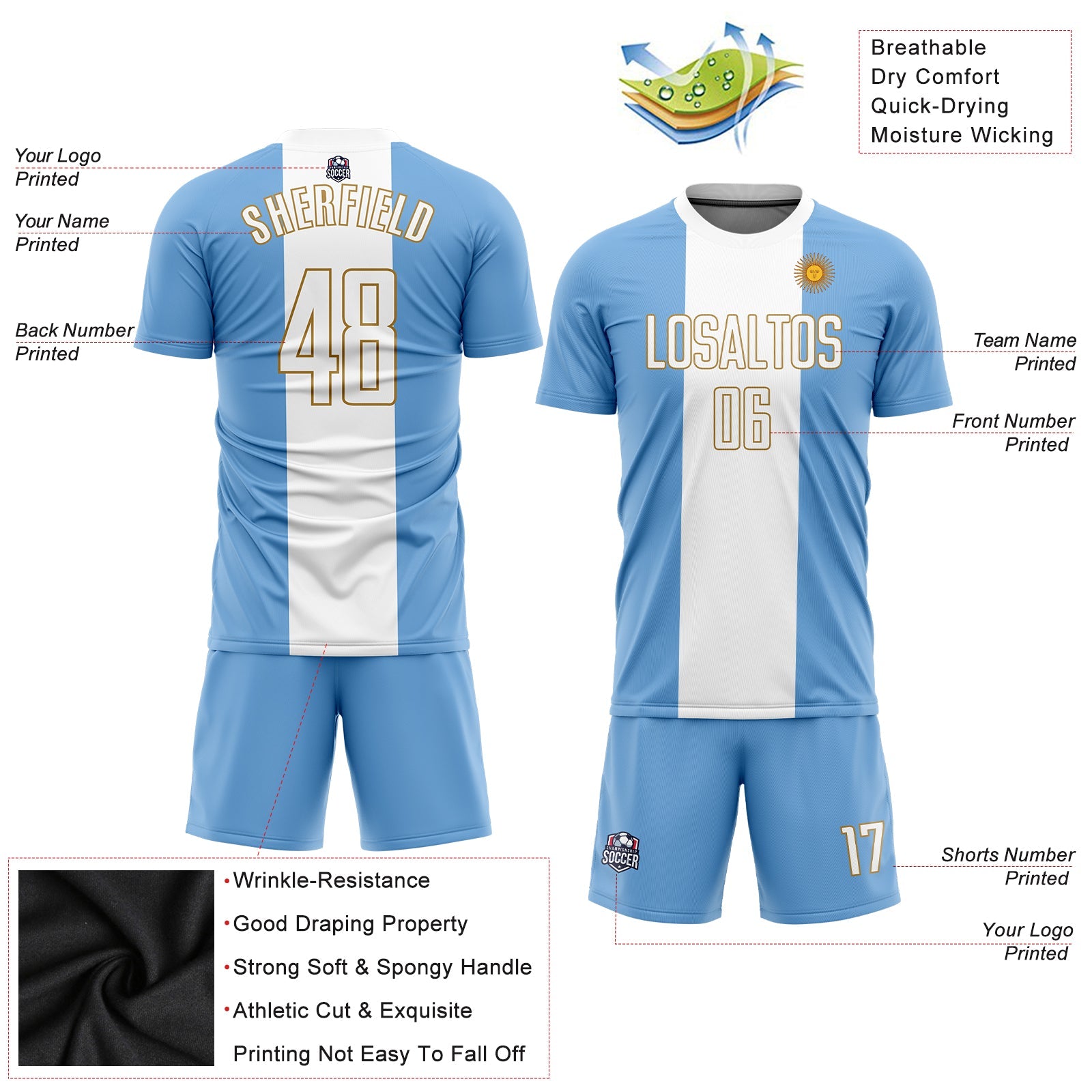 Custom Light Blue White-Old Gold Sublimation Argentinian Flag Soccer Uniform Jersey - Sky-Custom