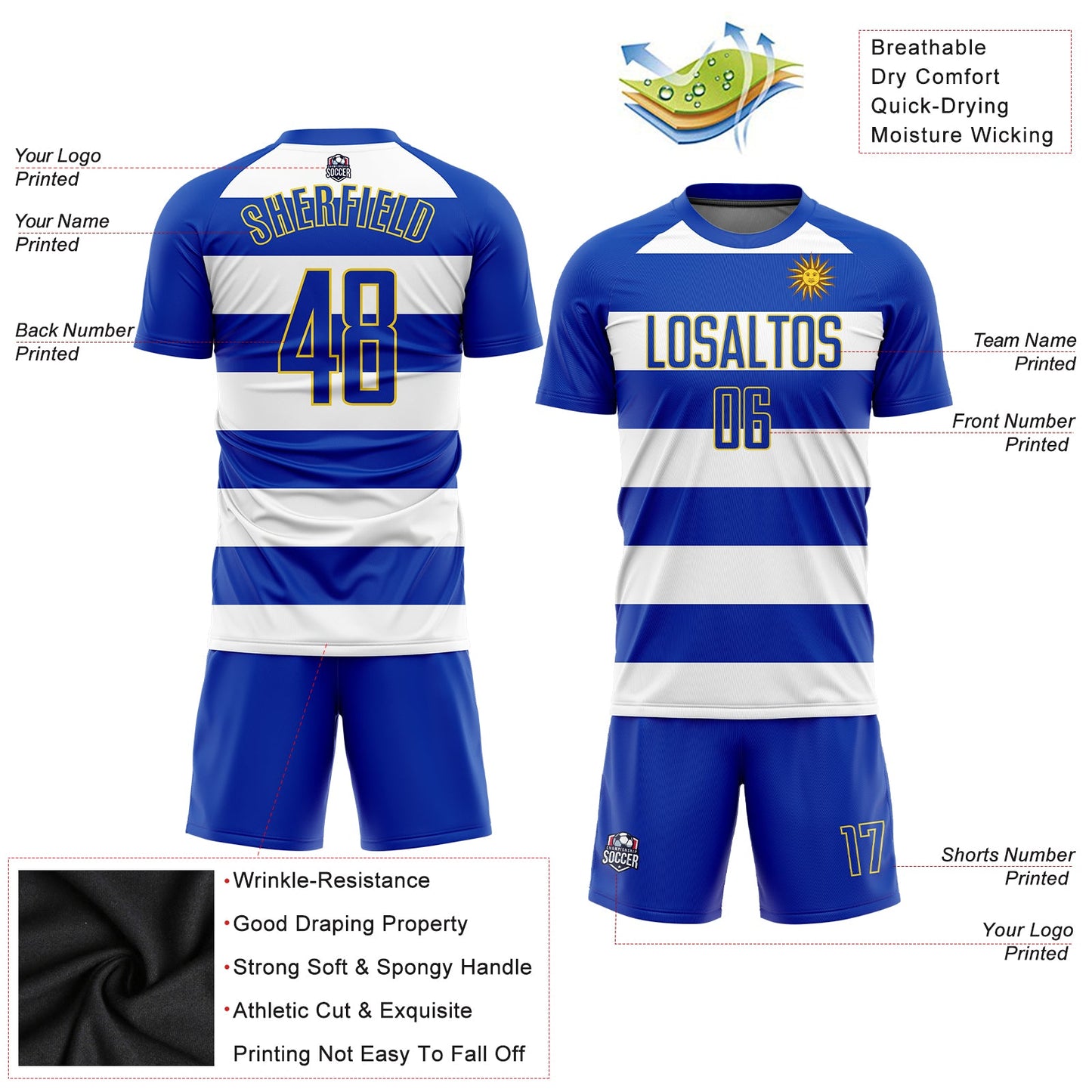 Custom White Royal-Gold Sublimation Uruguayan Flag Soccer Uniform Jersey - Sky-Custom