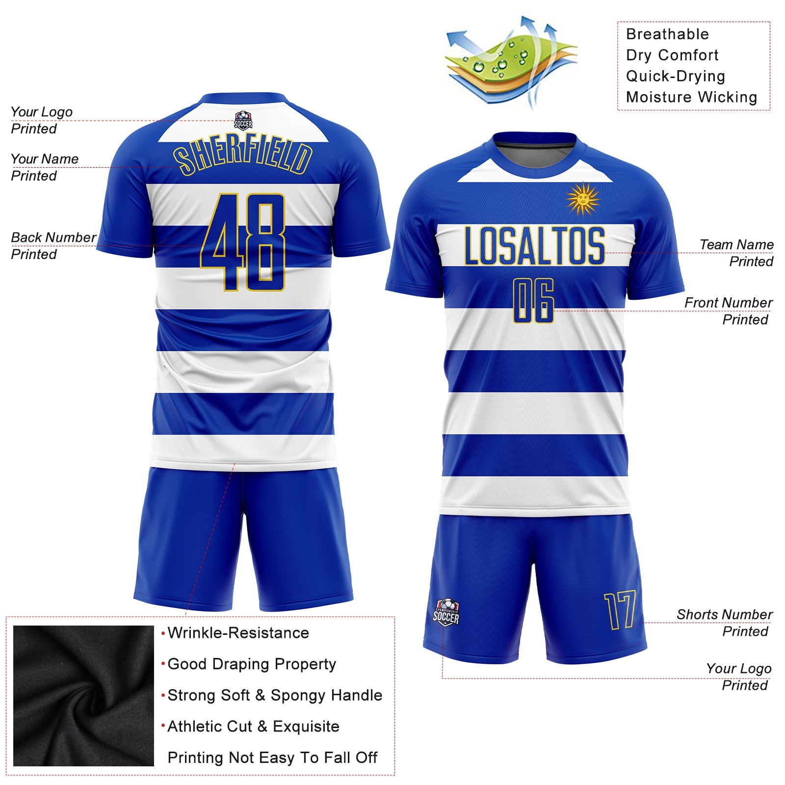 Custom White Royal-Gold Sublimation Uruguayan Flag Soccer Uniform Jersey - Sky-Custom