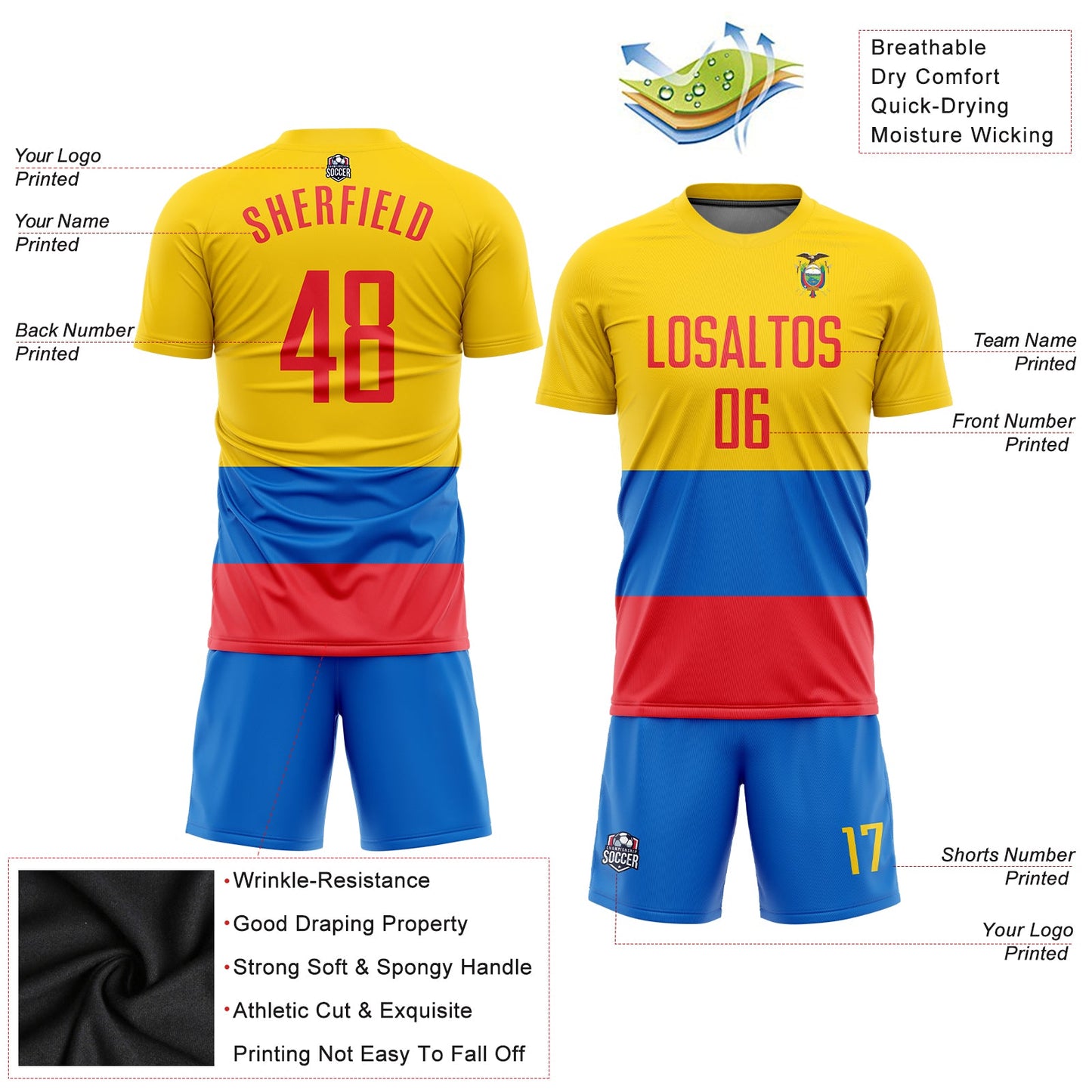 Custom Gold Red-Royal Sublimation Ecuador Flag Soccer Uniform Jersey - Sky-Custom