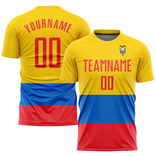 Custom Gold Red-Royal Sublimation Ecuador Flag Soccer Uniform Jersey - Sky-Custom