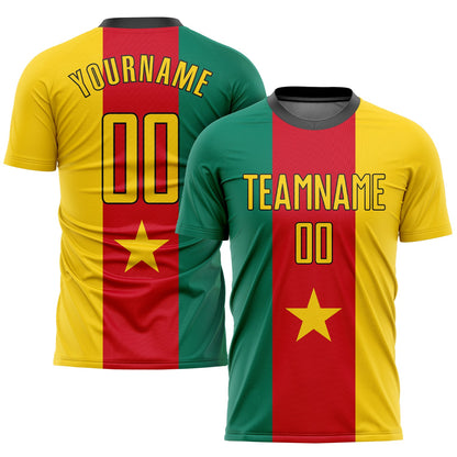 Custom Kelly Green Gold Red-Black Sublimation Cameroonian Flag Soccer Uniform Jersey - Sky-Custom