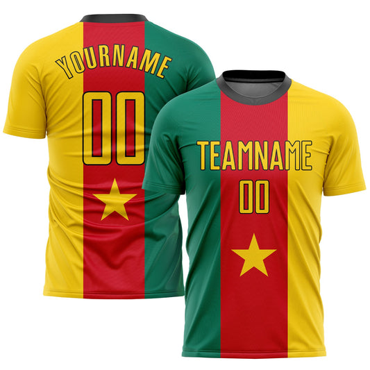 Custom Kelly Green Gold Red-Black Sublimation Cameroonian Flag Soccer Uniform Jersey - Sky-Custom