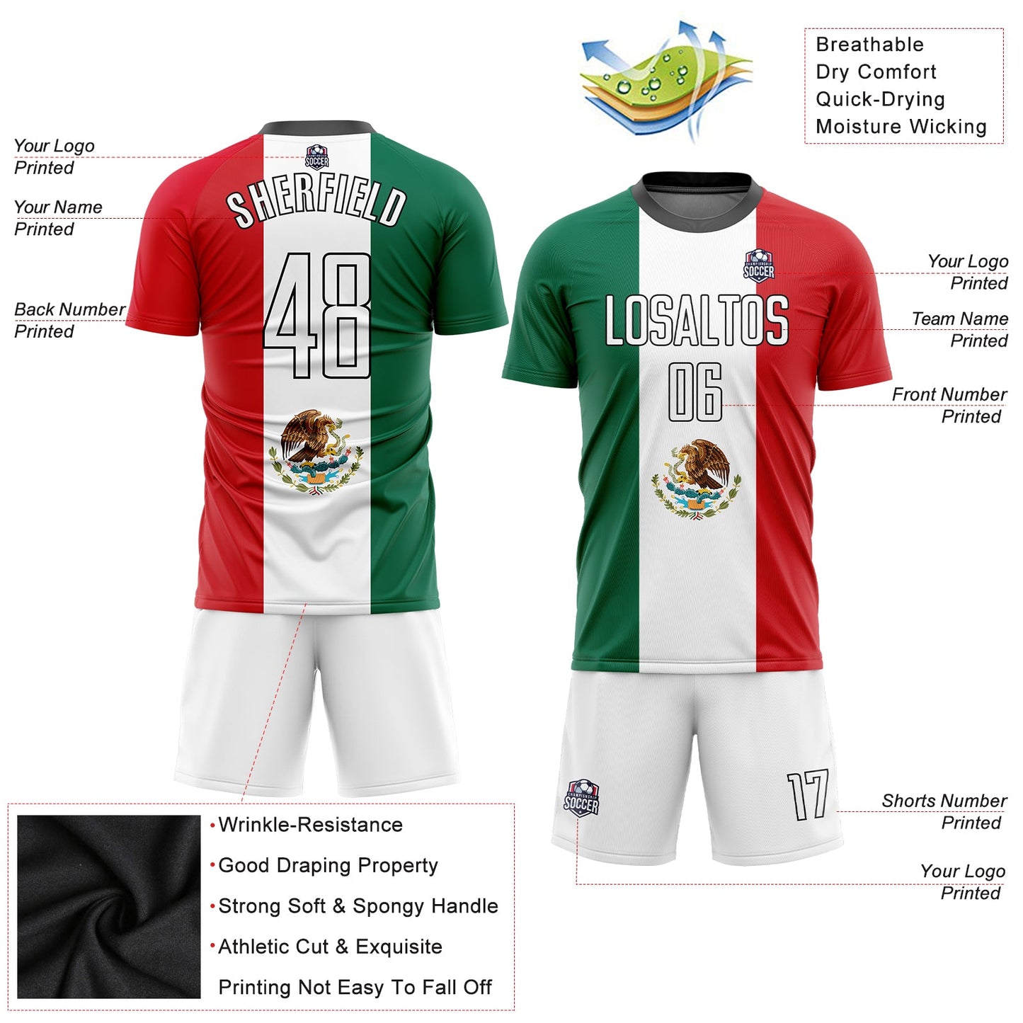 Custom Kelly Green White Red-Black Sublimation Mexican Flag Soccer Uniform Jersey - Sky-Custom