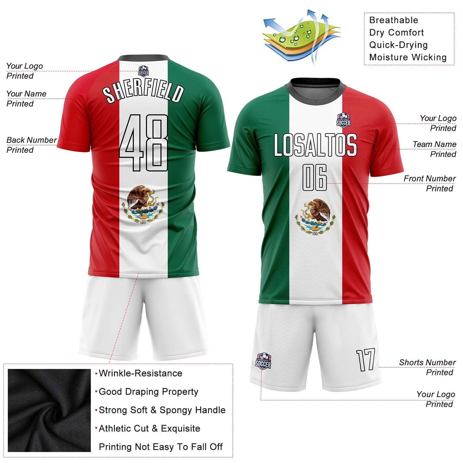 Custom Kelly Green White Red-Black Sublimation Mexican Flag Soccer Uniform Jersey - Sky-Custom