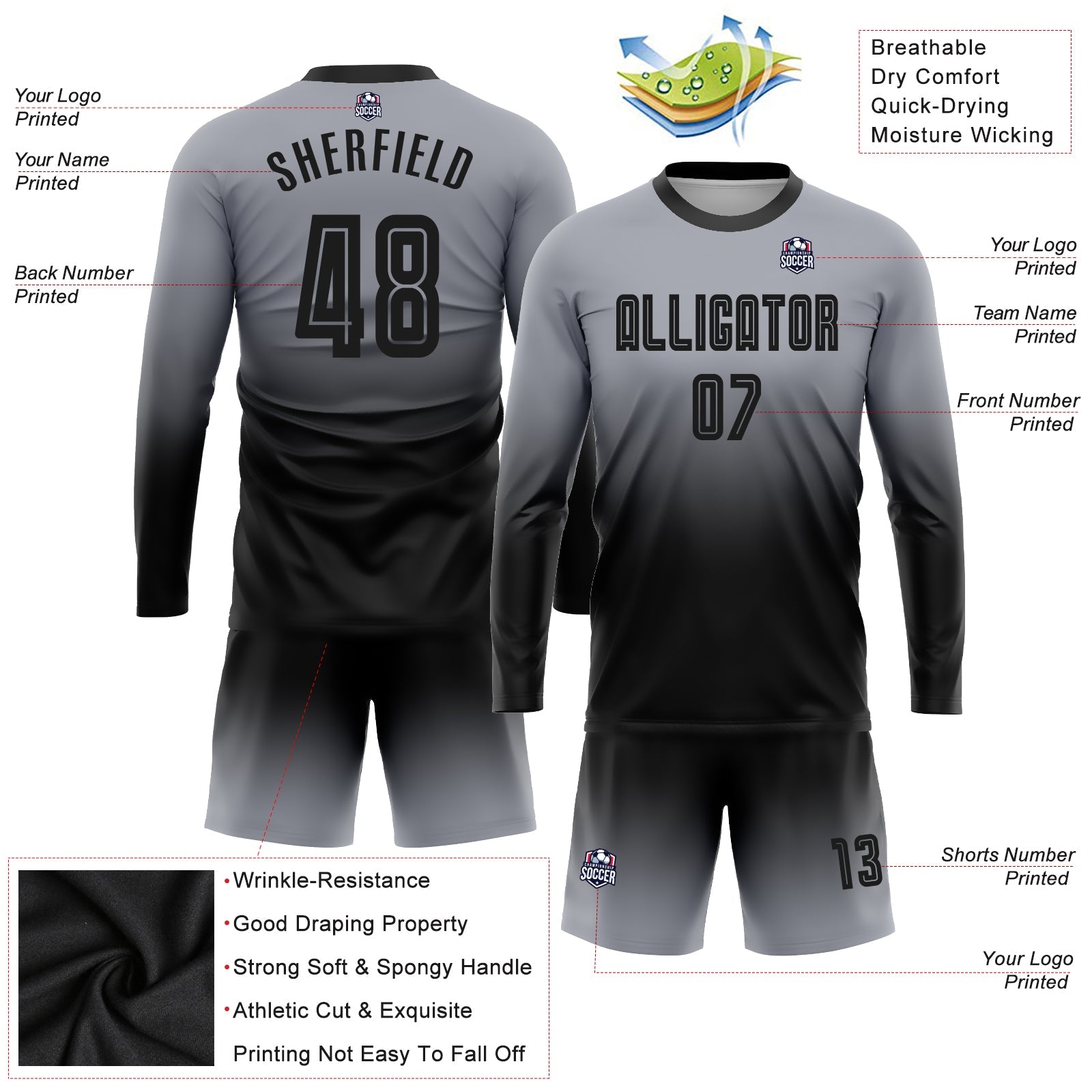 Custom Gray Black Sublimation Long Sleeve Fade Fashion Soccer Uniform Jersey - Sky-Custom