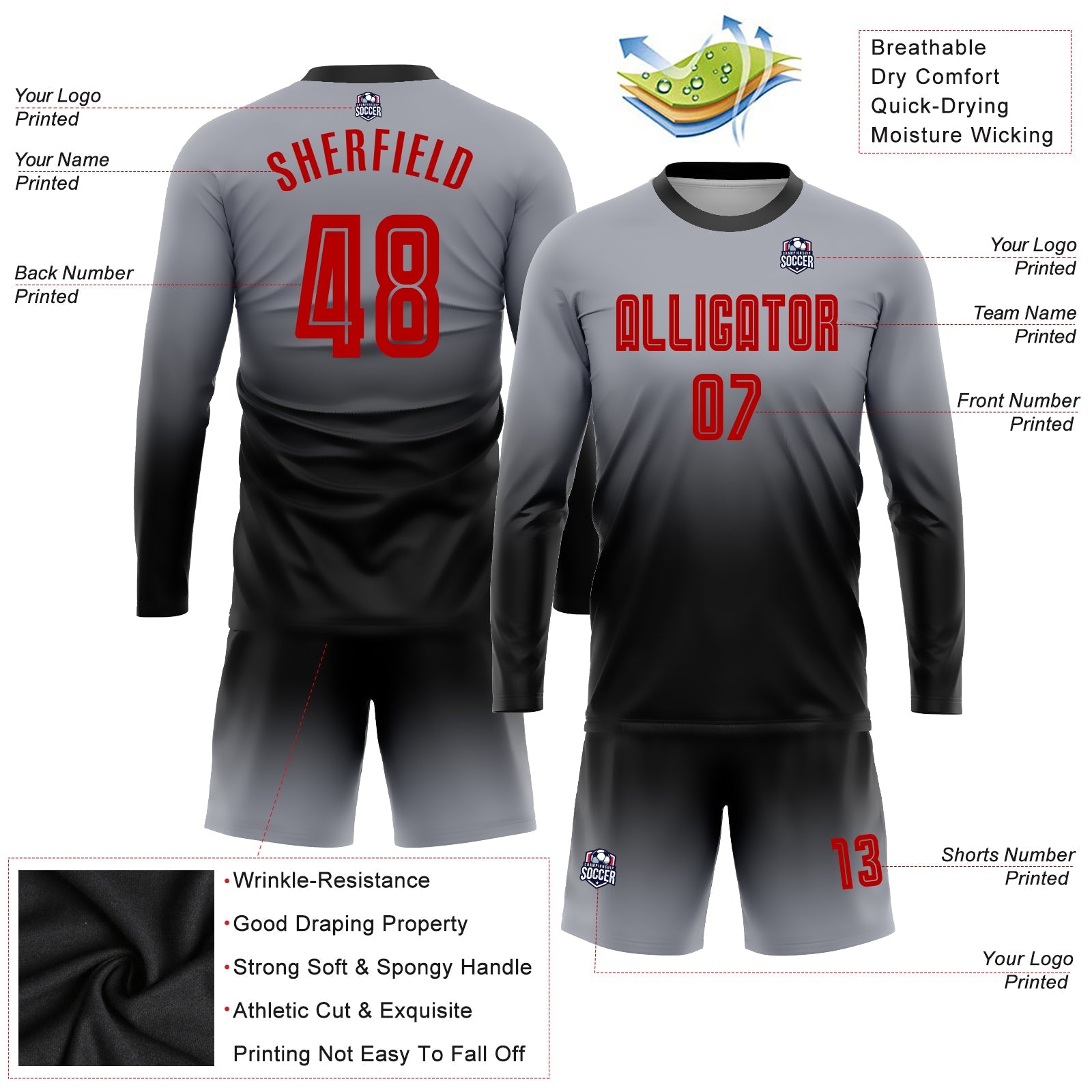 Custom Gray Red-Black Sublimation Long Sleeve Fade Fashion Soccer Uniform Jersey - Sky-Custom