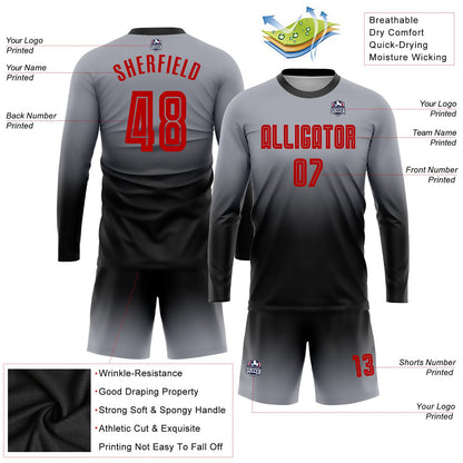 Custom Gray Red-Black Sublimation Long Sleeve Fade Fashion Soccer Uniform Jersey - Sky-Custom
