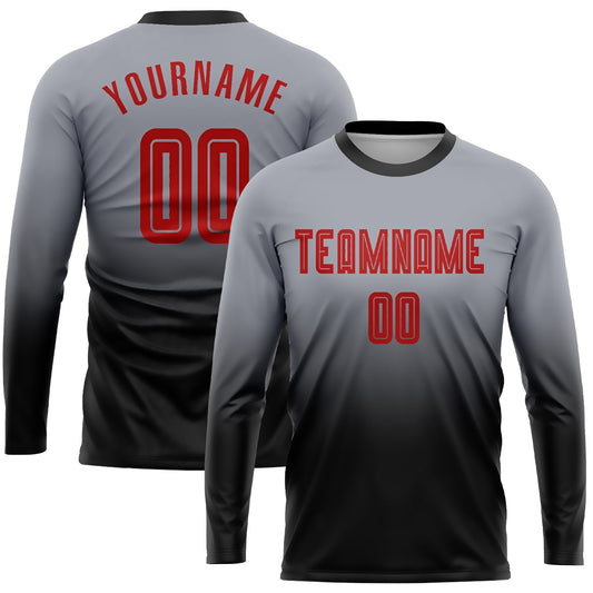 Custom Gray Red-Black Sublimation Long Sleeve Fade Fashion Soccer Uniform Jersey - Sky-Custom