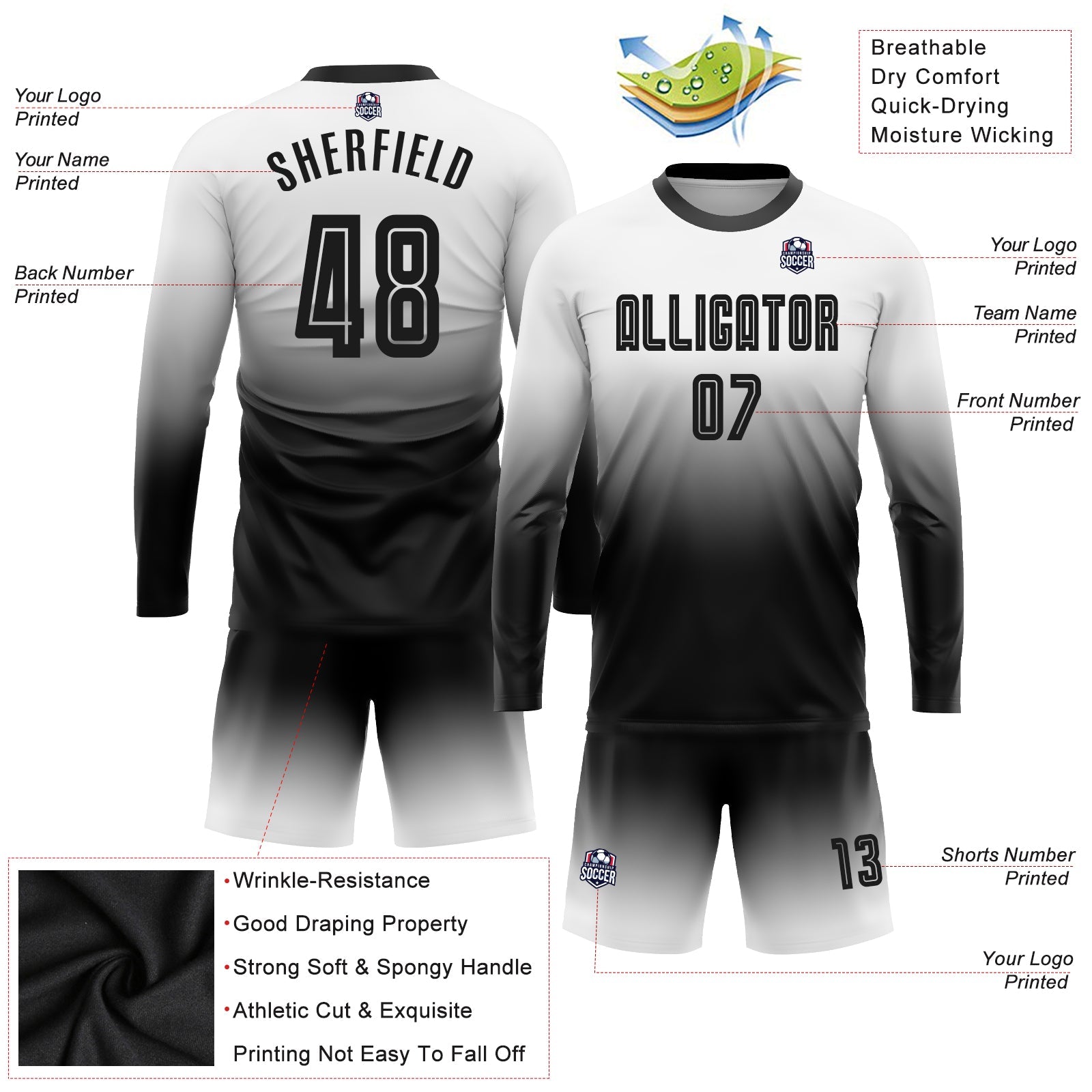 Custom White Black Sublimation Long Sleeve Fade Fashion Soccer Uniform Jersey - Sky-Custom
