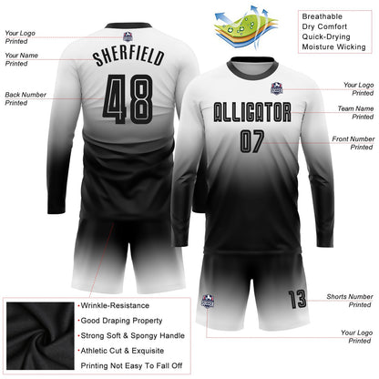 Custom White Black Sublimation Long Sleeve Fade Fashion Soccer Uniform Jersey - Sky-Custom