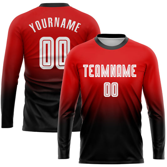 Custom Red White-Black Sublimation Long Sleeve Fade Fashion Soccer Uniform Jersey - Sky-Custom