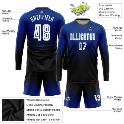 Custom Royal White-Black Sublimation Long Sleeve Fade Fashion Soccer Uniform Jersey - Sky-Custom