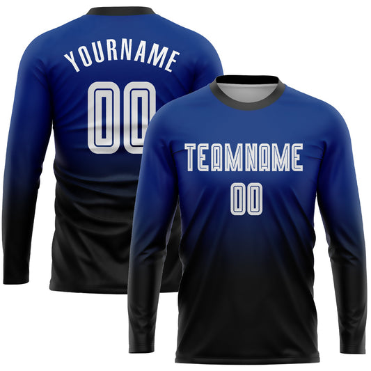 Custom Royal White-Black Sublimation Long Sleeve Fade Fashion Soccer Uniform Jersey - Sky-Custom