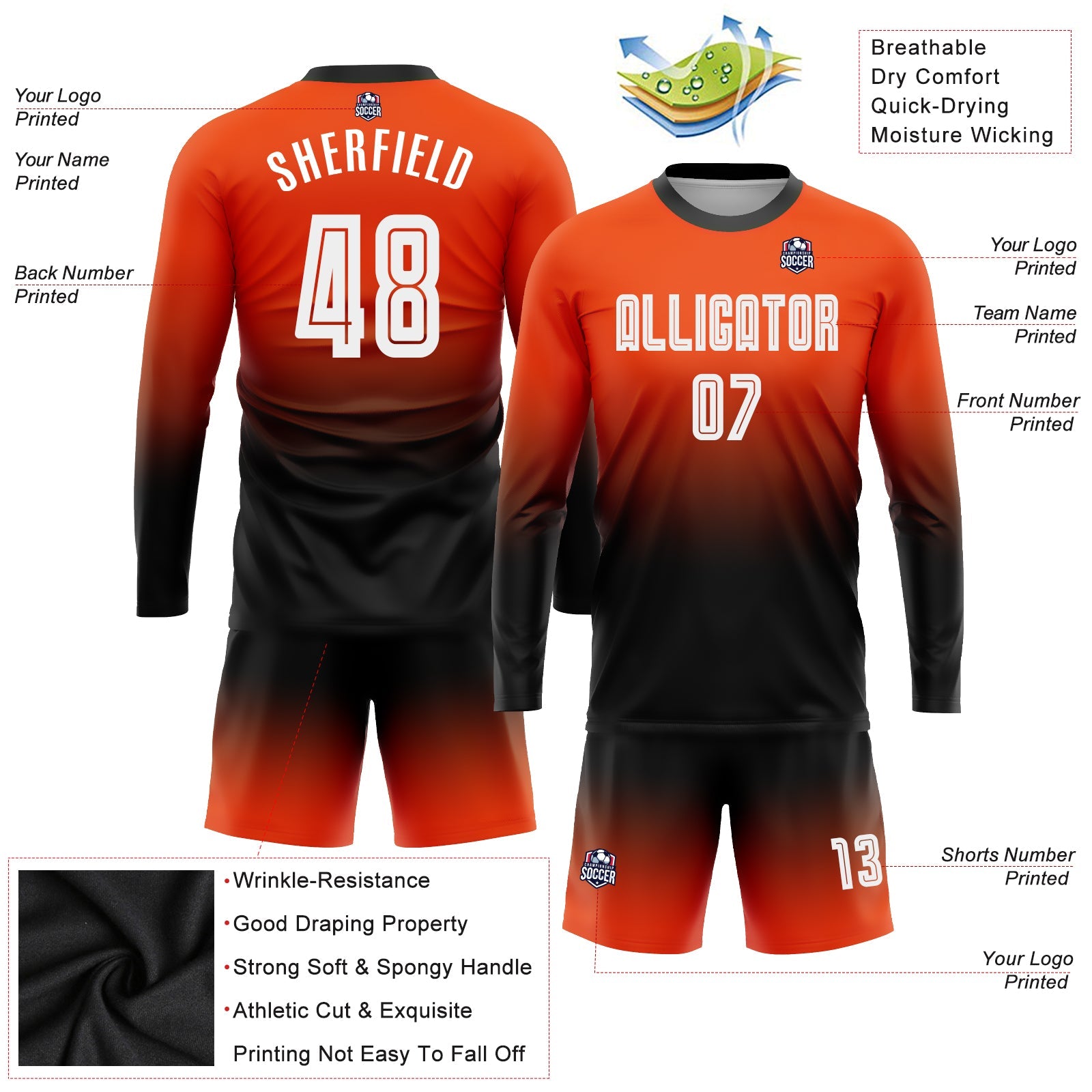 Custom Orange White-Black Sublimation Long Sleeve Fade Fashion Soccer Uniform Jersey - Sky-Custom
