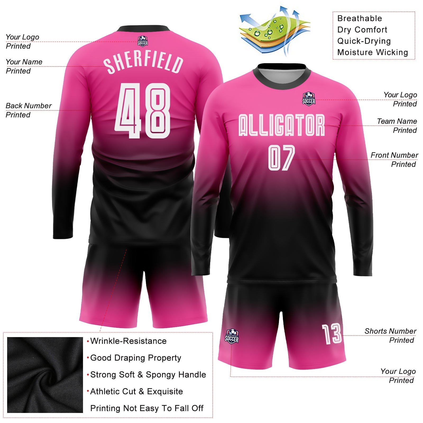 Custom Pink White-Black Sublimation Long Sleeve Fade Fashion Soccer Uniform Jersey - Sky-Custom