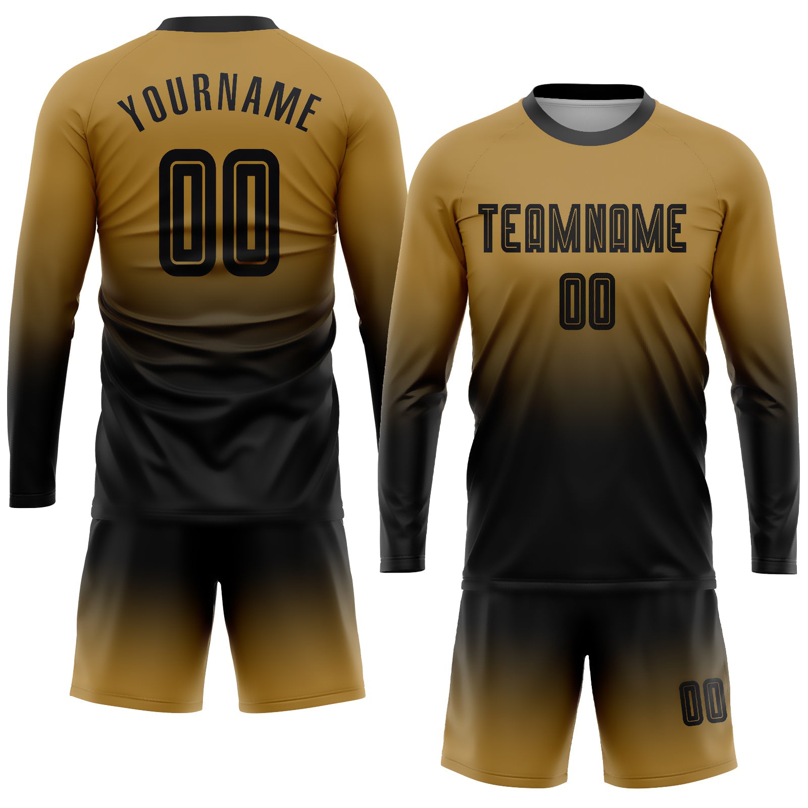 Custom Old Gold Black Sublimation Long Sleeve Fade Fashion Soccer Uniform Jersey - Sky-Custom