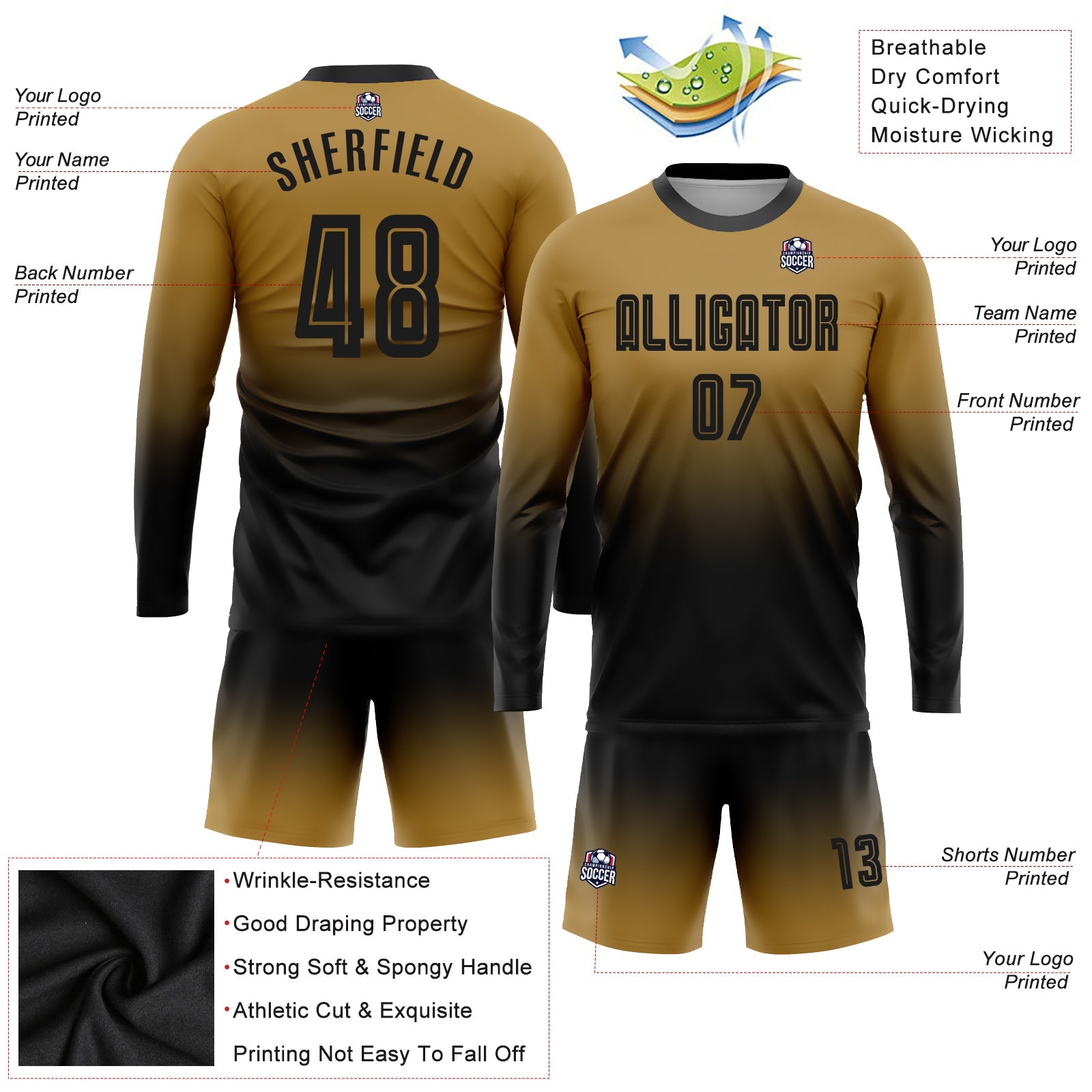 Custom Old Gold Black Sublimation Long Sleeve Fade Fashion Soccer Uniform Jersey - Sky-Custom