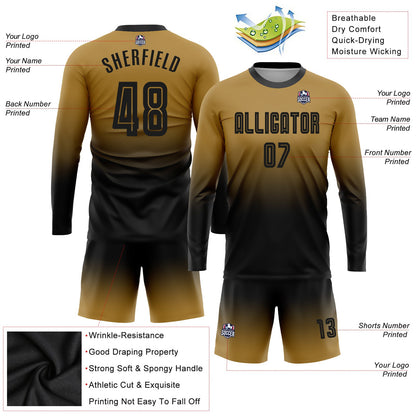 Custom Old Gold Black Sublimation Long Sleeve Fade Fashion Soccer Uniform Jersey - Sky-Custom