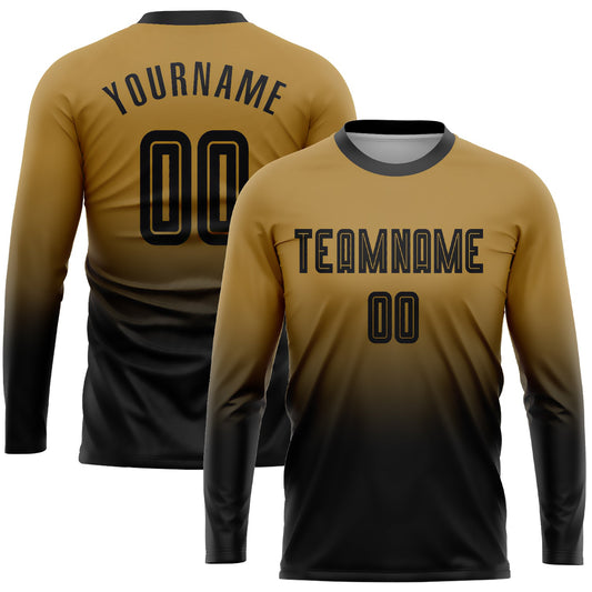 Custom Old Gold Black Sublimation Long Sleeve Fade Fashion Soccer Uniform Jersey - Sky-Custom