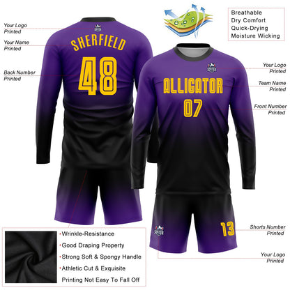 Custom Purple Gold-Black Sublimation Long Sleeve Fade Fashion Soccer Uniform Jersey - Sky-Custom