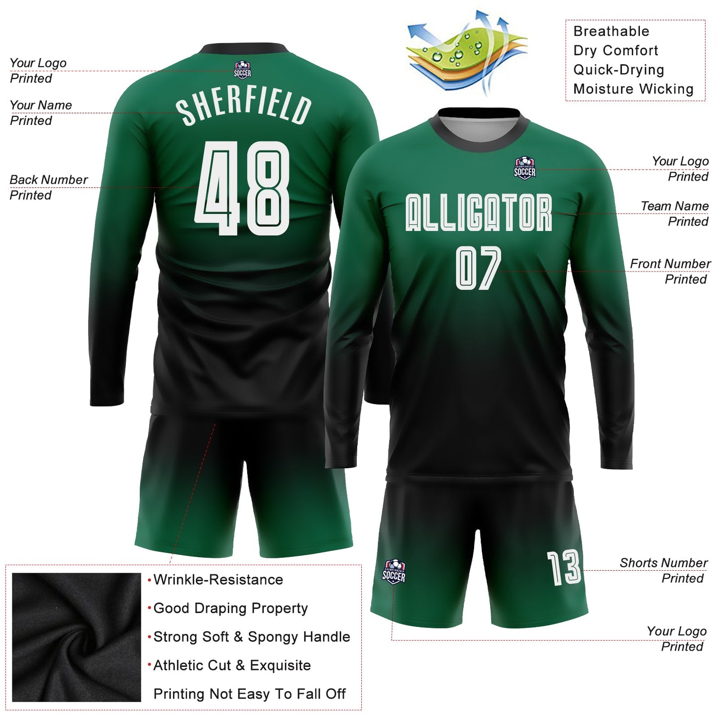 Custom Kelly Green White-Black Sublimation Long Sleeve Fade Fashion Soccer Uniform Jersey - Sky-Custom