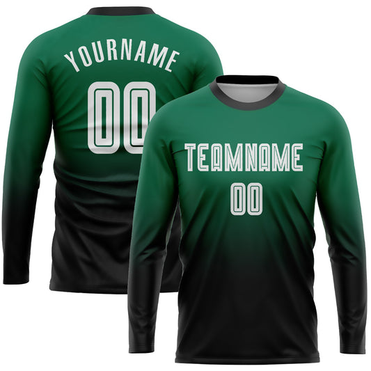 Custom Kelly Green White-Black Sublimation Long Sleeve Fade Fashion Soccer Uniform Jersey - Sky-Custom