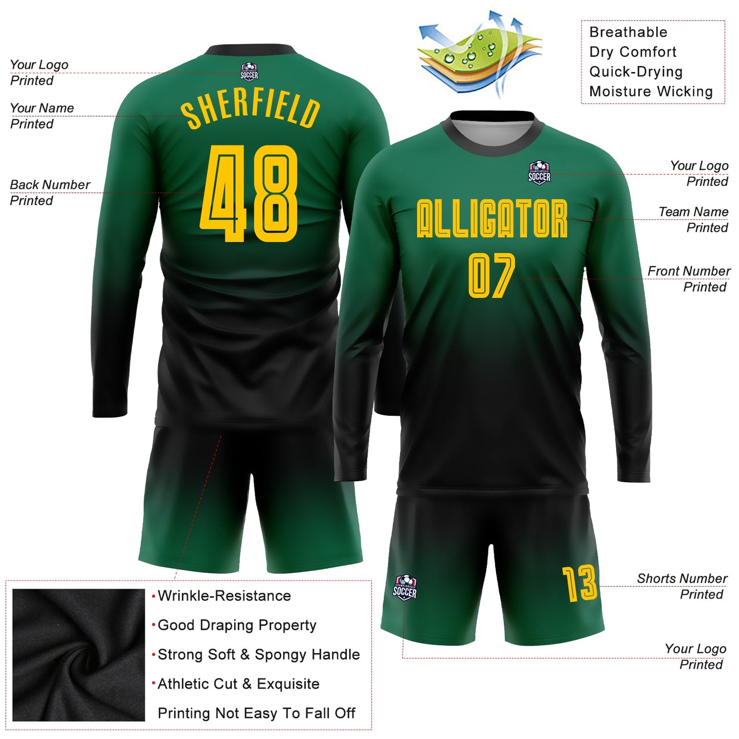 Custom Kelly Green Gold-Black Sublimation Long Sleeve Fade Fashion Soccer Uniform Jersey - Sky-Custom