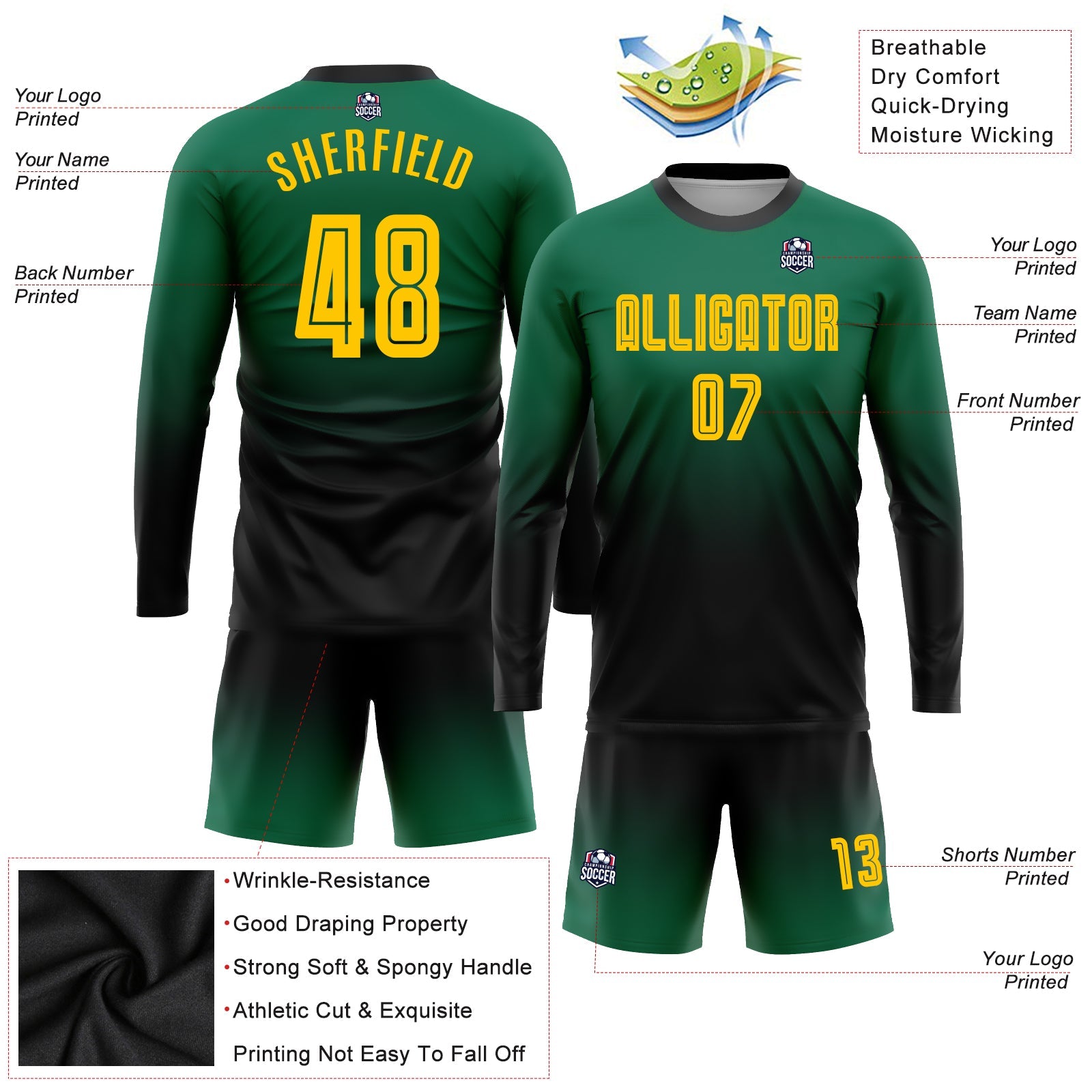 Custom Kelly Green Gold-Black Sublimation Long Sleeve Fade Fashion Soccer Uniform Jersey - Sky-Custom