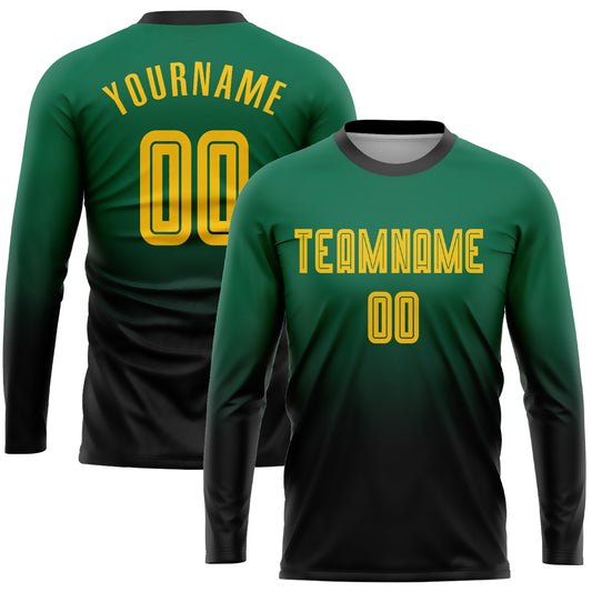 Custom Kelly Green Gold-Black Sublimation Long Sleeve Fade Fashion Soccer Uniform Jersey - Sky-Custom