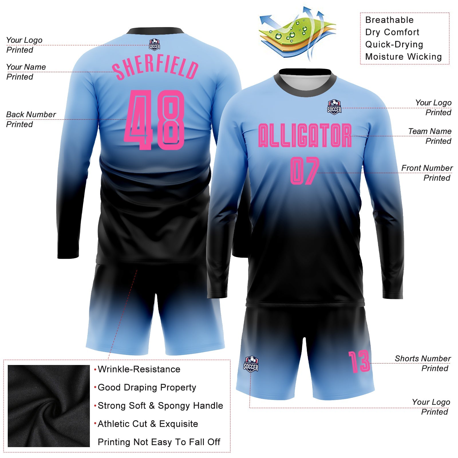 Custom Light Blue Pink-Black Sublimation Long Sleeve Fade Fashion Soccer Uniform Jersey - Sky-Custom
