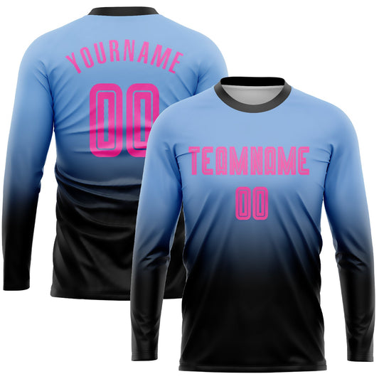 Custom Light Blue Pink-Black Sublimation Long Sleeve Fade Fashion Soccer Uniform Jersey - Sky-Custom
