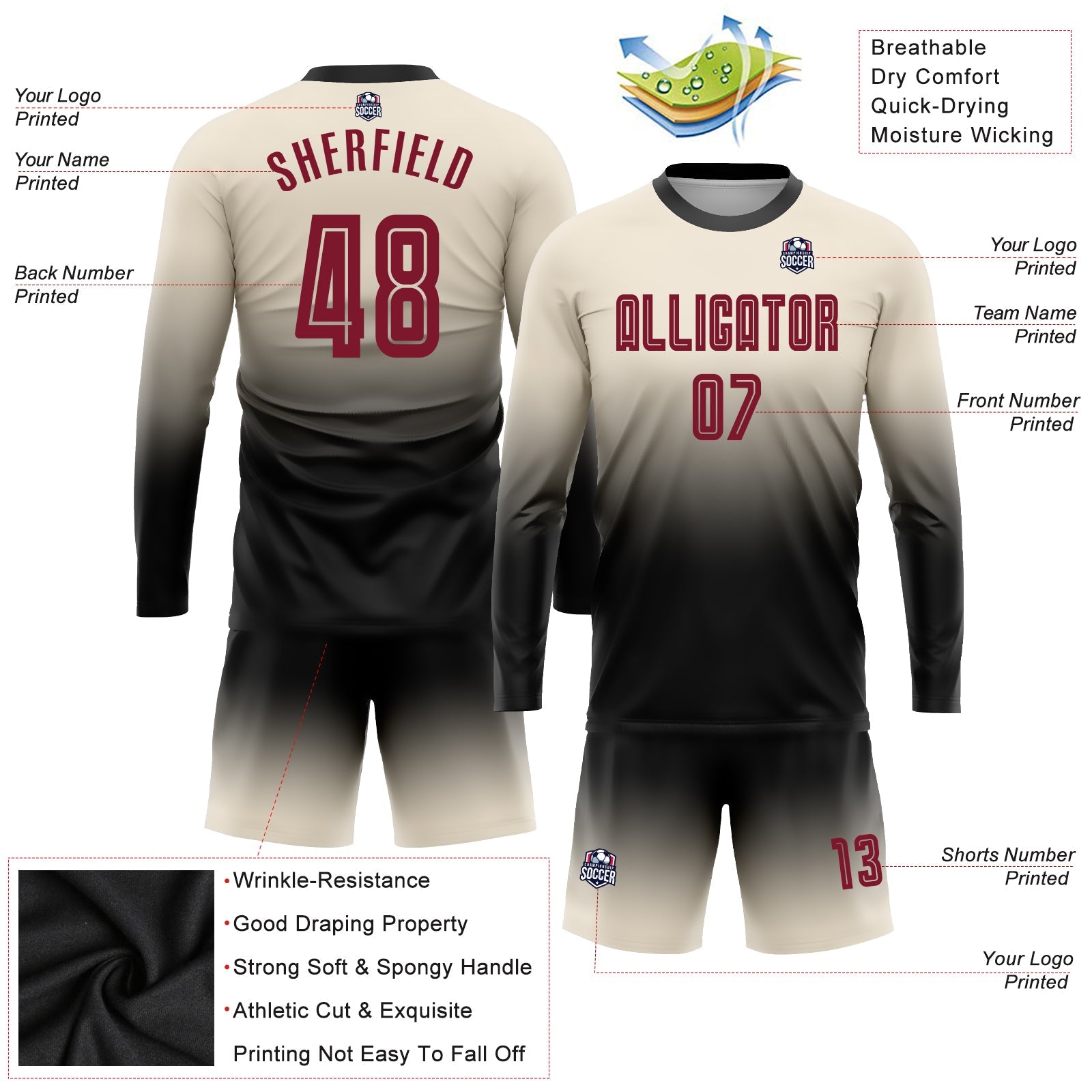 Custom Cream Crimson-Black Sublimation Long Sleeve Fade Fashion Soccer Uniform Jersey - Sky-Custom