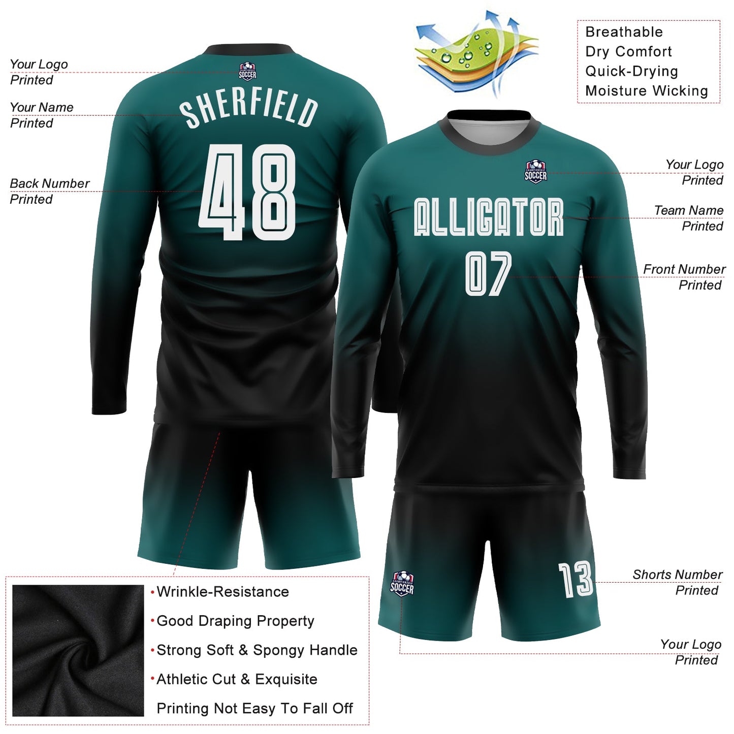 Custom Teal White-Black Sublimation Long Sleeve Fade Fashion Soccer Uniform Jersey - Sky-Custom