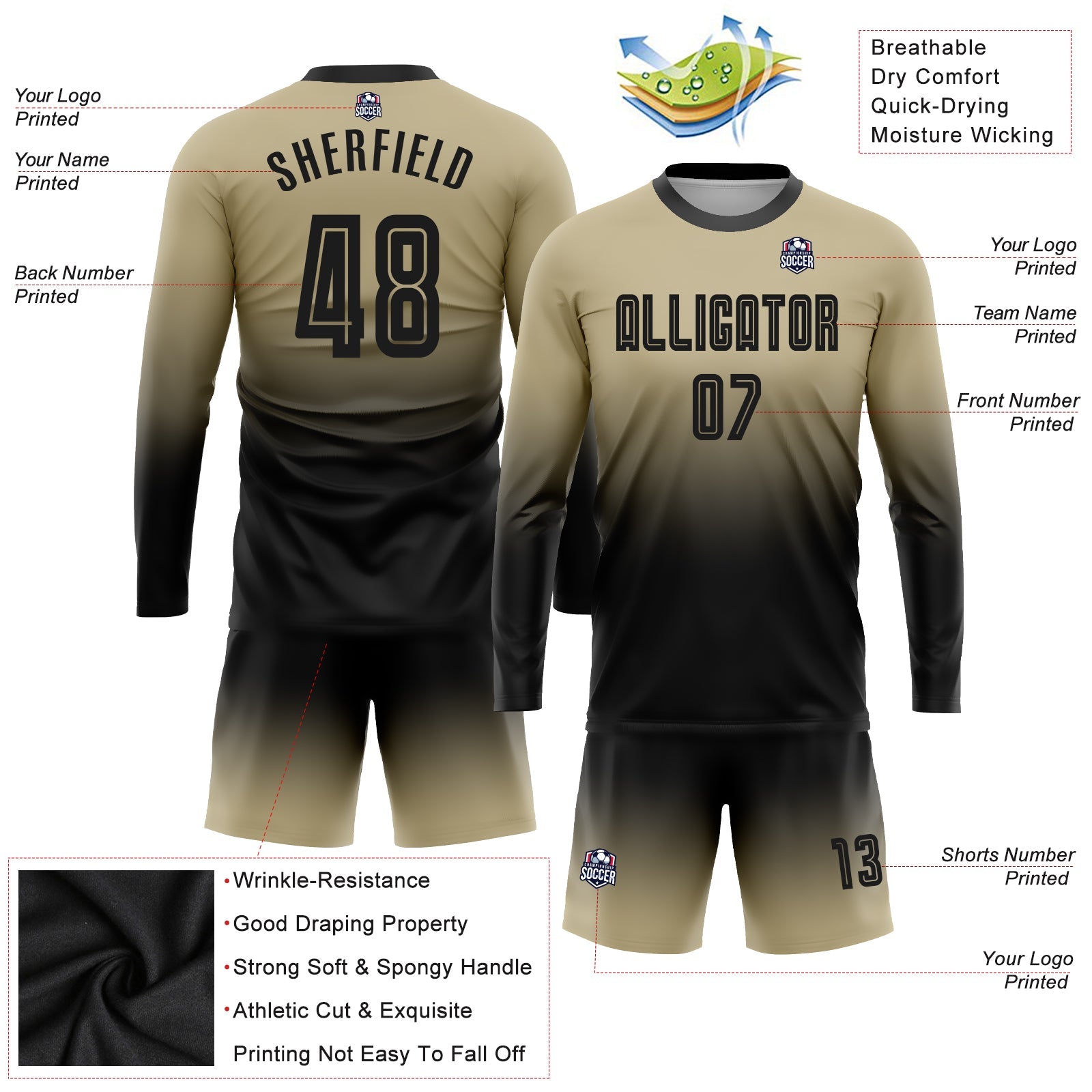 Custom Vegas Gold Black Sublimation Long Sleeve Fade Fashion Soccer Uniform Jersey - Sky-Custom