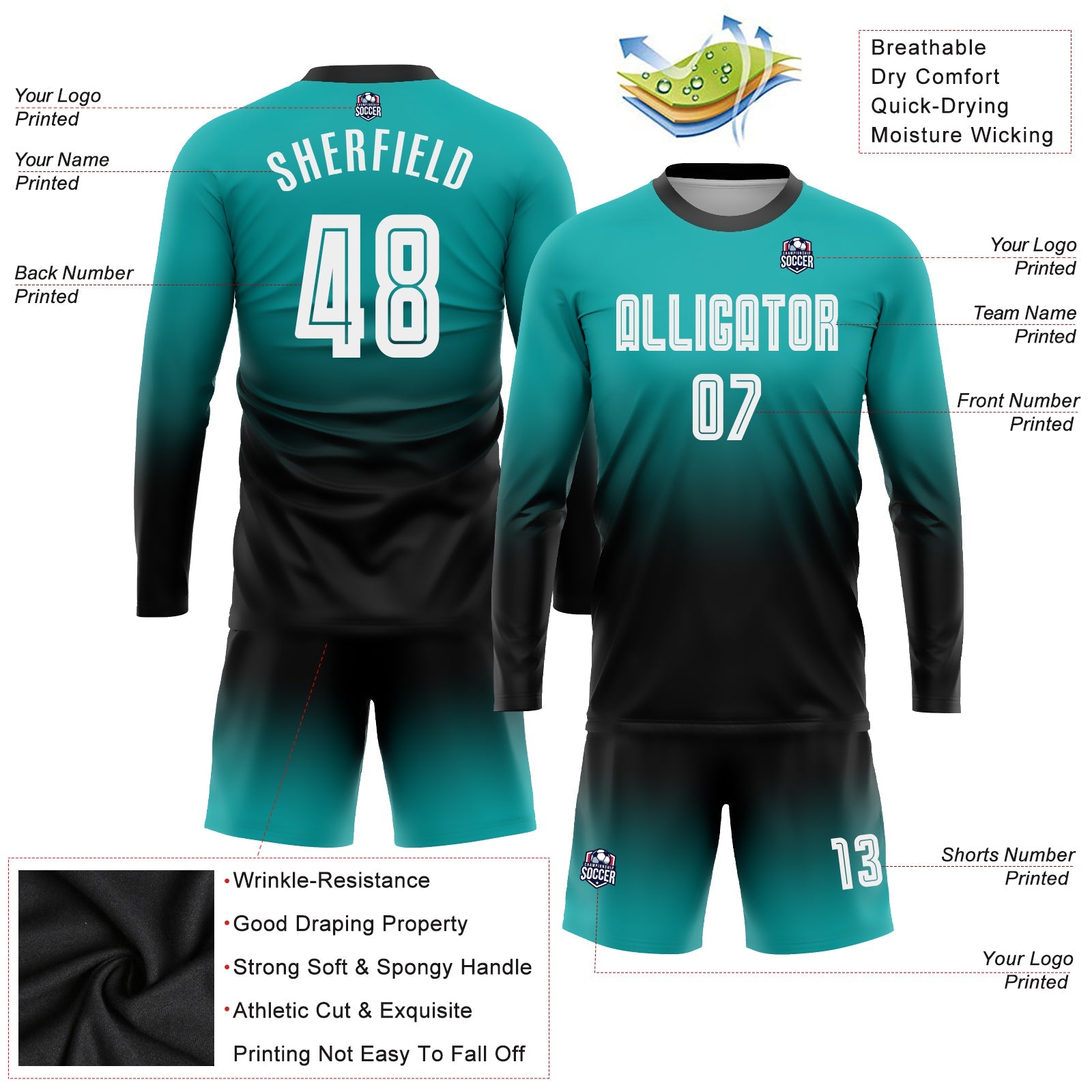 Custom Aqua White-Black Sublimation Long Sleeve Fade Fashion Soccer Uniform Jersey - Sky-Custom