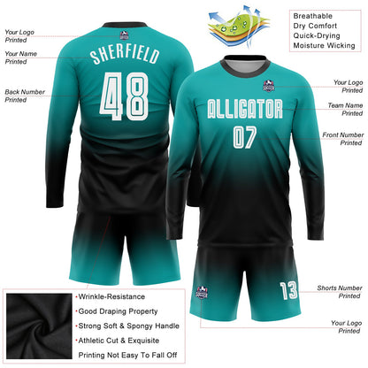 Custom Aqua White-Black Sublimation Long Sleeve Fade Fashion Soccer Uniform Jersey - Sky-Custom