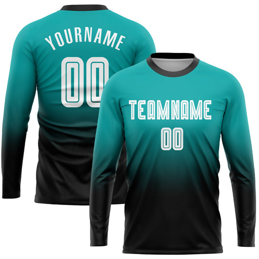 Custom Aqua White-Black Sublimation Long Sleeve Fade Fashion Soccer Uniform Jersey - Sky-Custom