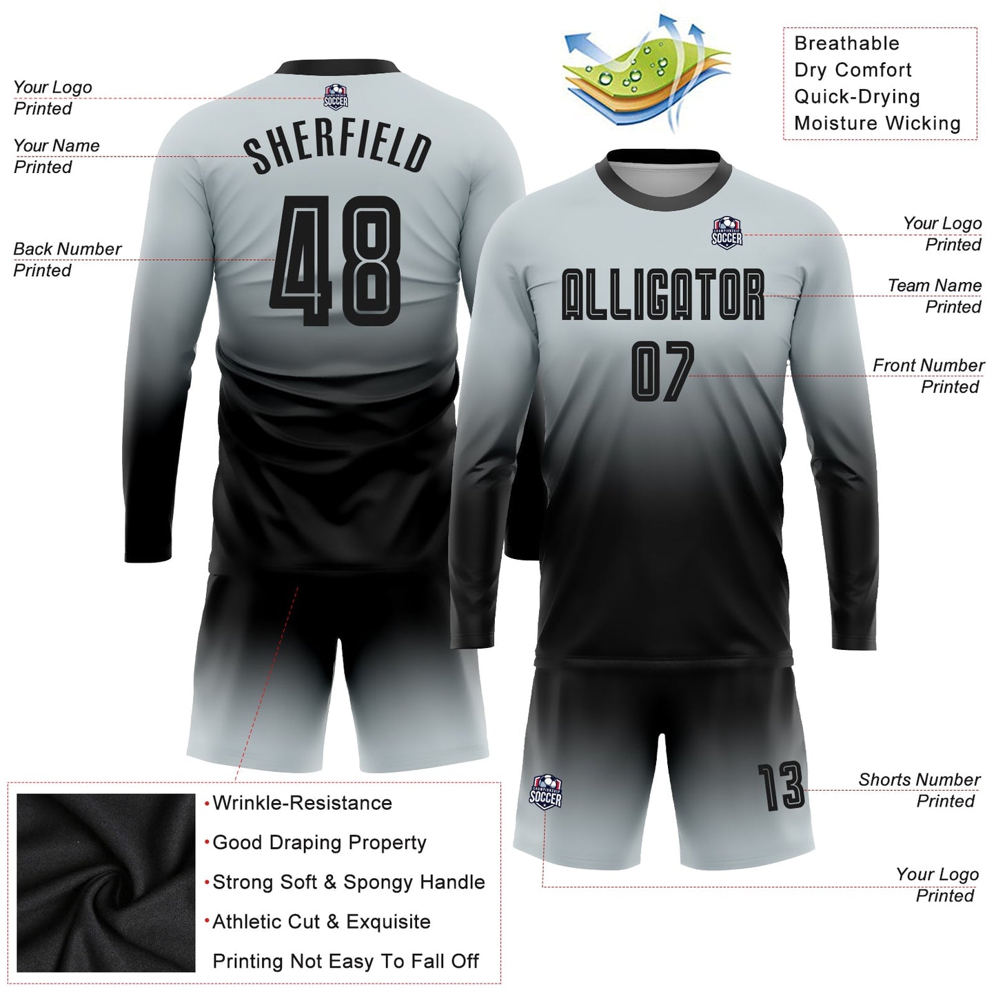 Custom Silver Black Sublimation Long Sleeve Fade Fashion Soccer Uniform Jersey - Sky-Custom