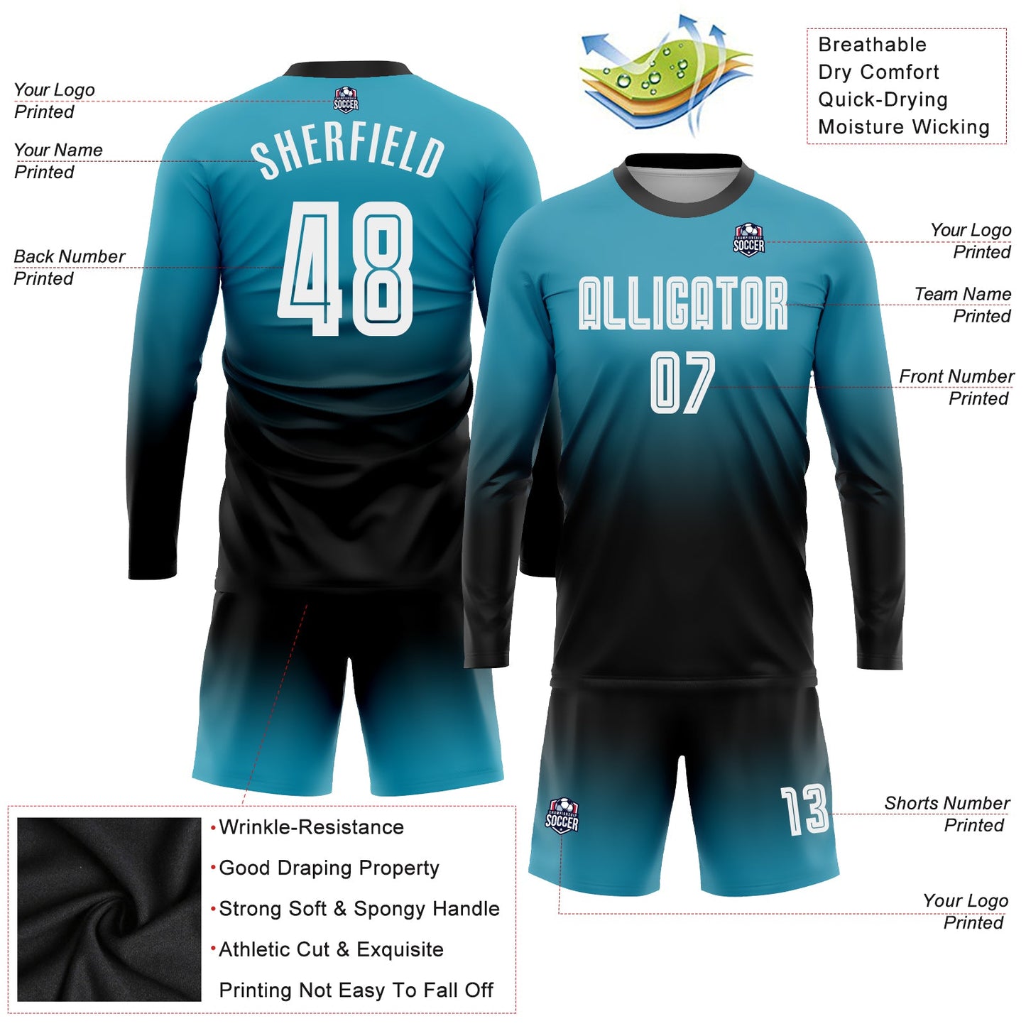 Custom Panther Blue White-Black Sublimation Long Sleeve Fade Fashion Soccer Uniform Jersey - Sky-Custom