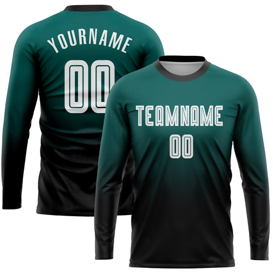 Custom Midnight Green White-Black Sublimation Long Sleeve Fade Fashion Soccer Uniform Jersey - Sky-Custom