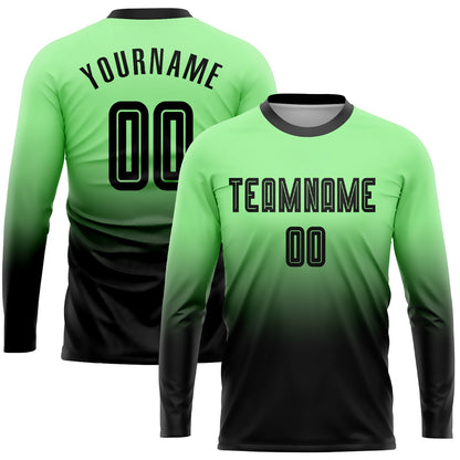 Custom Pea Green Black Sublimation Long Sleeve Fade Fashion Soccer Uniform Jersey - Sky-Custom