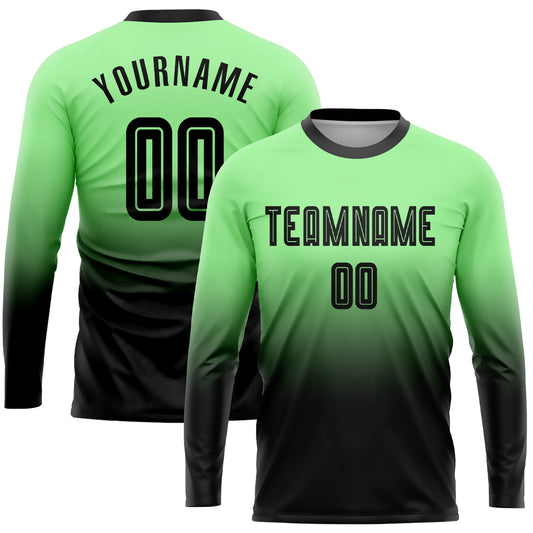 Custom Pea Green Black Sublimation Long Sleeve Fade Fashion Soccer Uniform Jersey - Sky-Custom