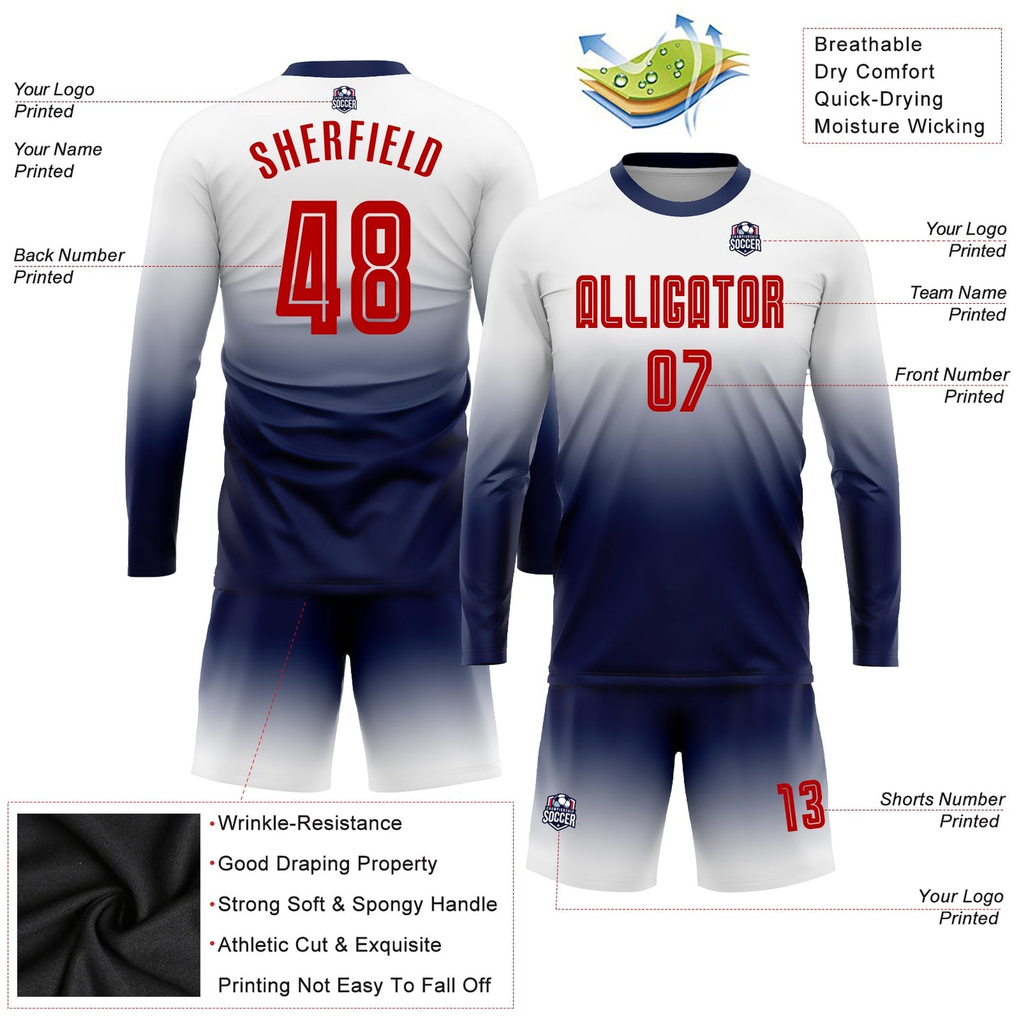 Custom White Red-Navy Sublimation Long Sleeve Fade Fashion Soccer Uniform Jersey - Sky-Custom