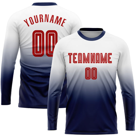 Custom White Red-Navy Sublimation Long Sleeve Fade Fashion Soccer Uniform Jersey - Sky-Custom