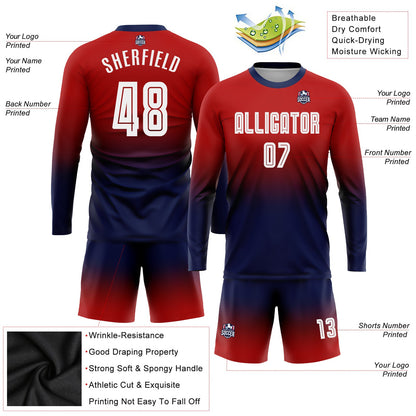 Custom Red White-Navy Sublimation Long Sleeve Fade Fashion Soccer Uniform Jersey - Sky-Custom