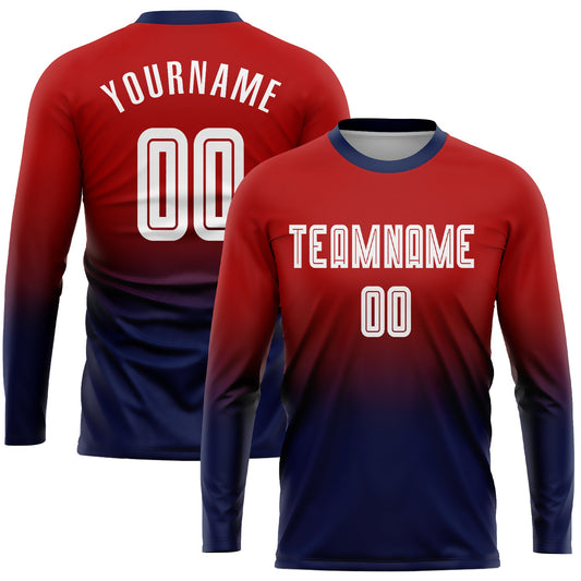 Custom Red White-Navy Sublimation Long Sleeve Fade Fashion Soccer Uniform Jersey - Sky-Custom