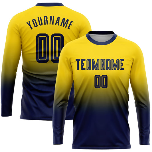 Custom Gold Navy Sublimation Long Sleeve Fade Fashion Soccer Uniform Jersey - Sky-Custom
