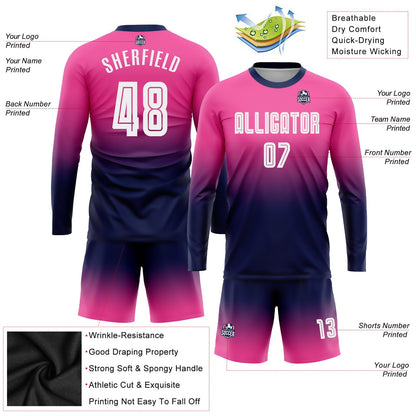 Custom Pink White-Navy Sublimation Long Sleeve Fade Fashion Soccer Uniform Jersey - Sky-Custom