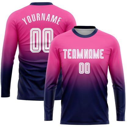 Custom Pink White-Navy Sublimation Long Sleeve Fade Fashion Soccer Uniform Jersey - Sky-Custom